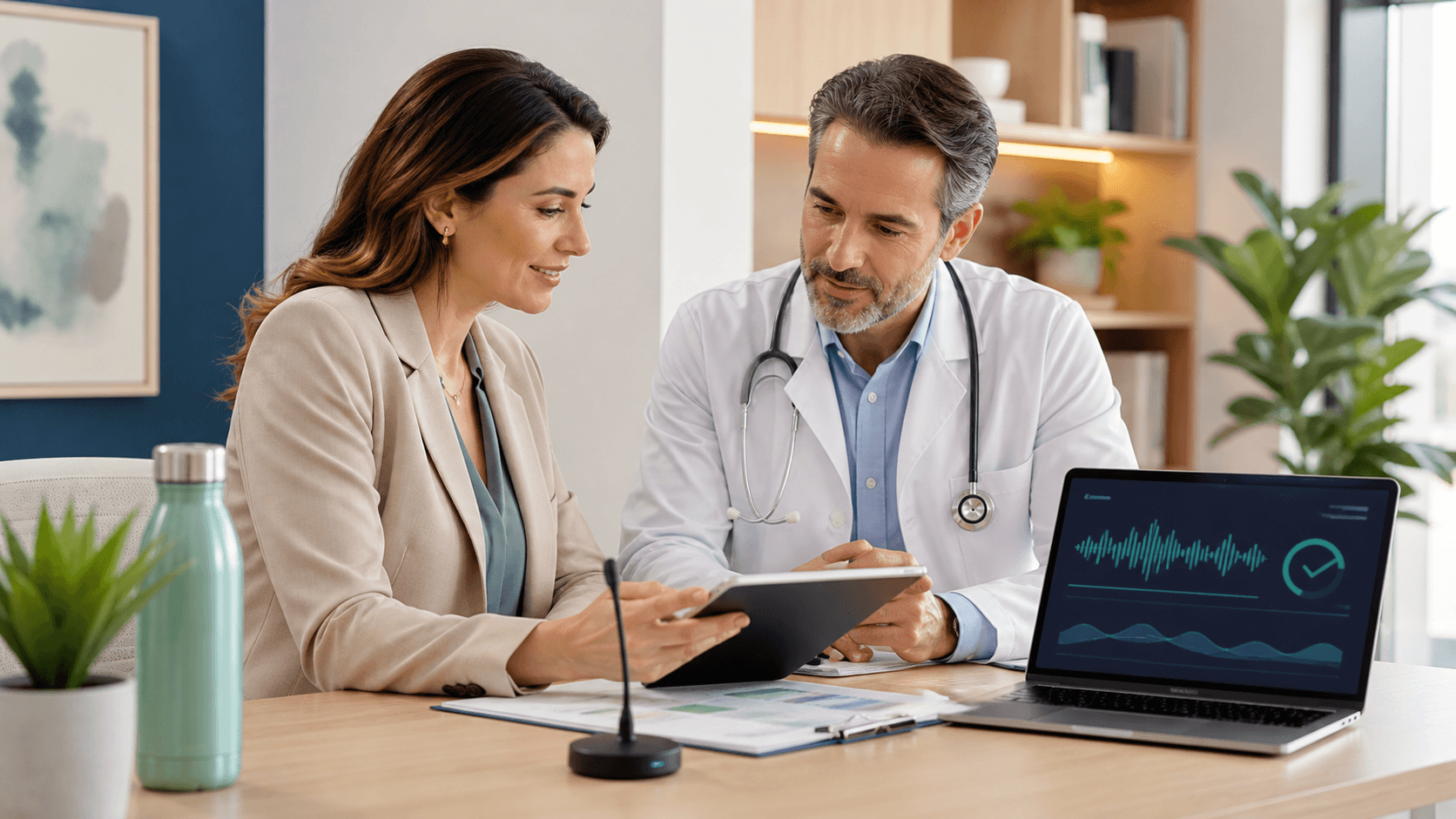 Doctor using a tablet beside a microphone and green leaf icon on a clean blue-and-white desk.