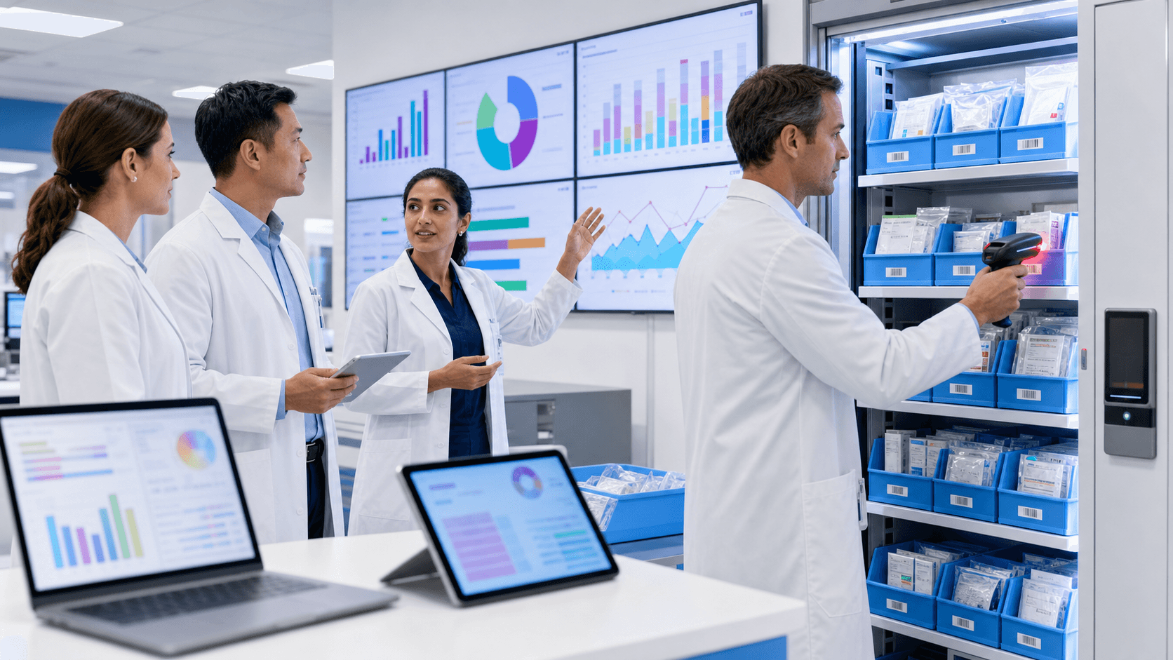 Futuristic hospital dashboard with blue data charts and pill icons glowing on a dark screen, abstract circuit overlay.