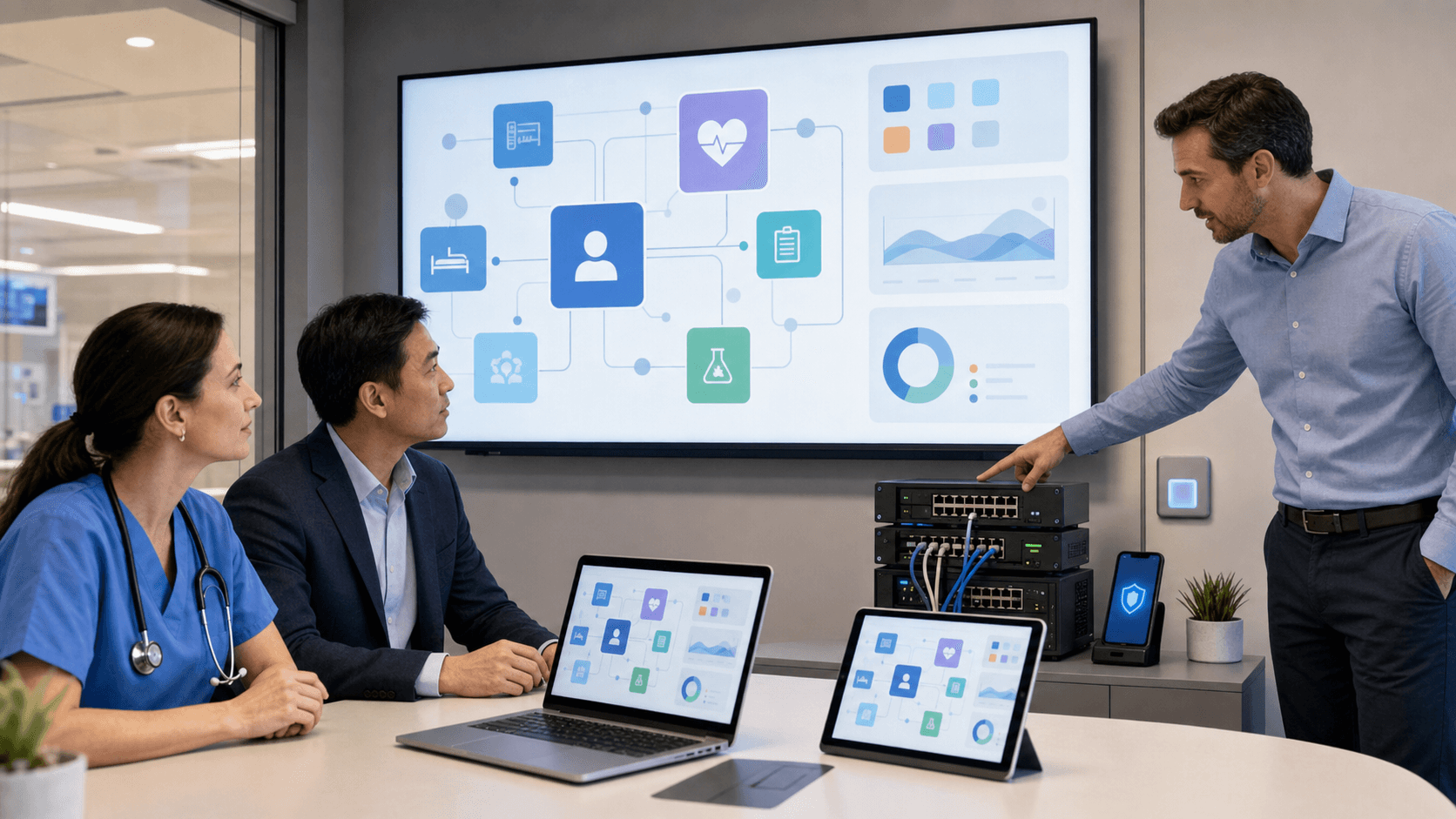 Futuristic blue medical dashboard with connected icons and flow lines over a hospital chart background, softly glowing.