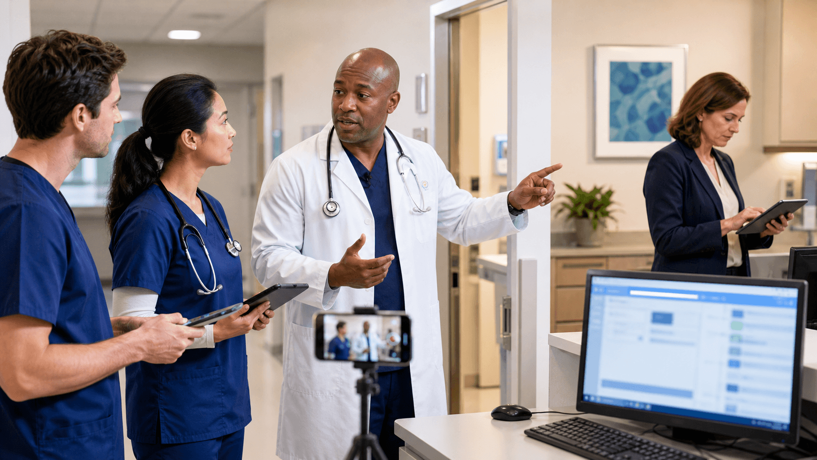 Doctor in a white coat types on a laptop beside a glowing AI speech bubble icon in a blue-lit hospital corridor