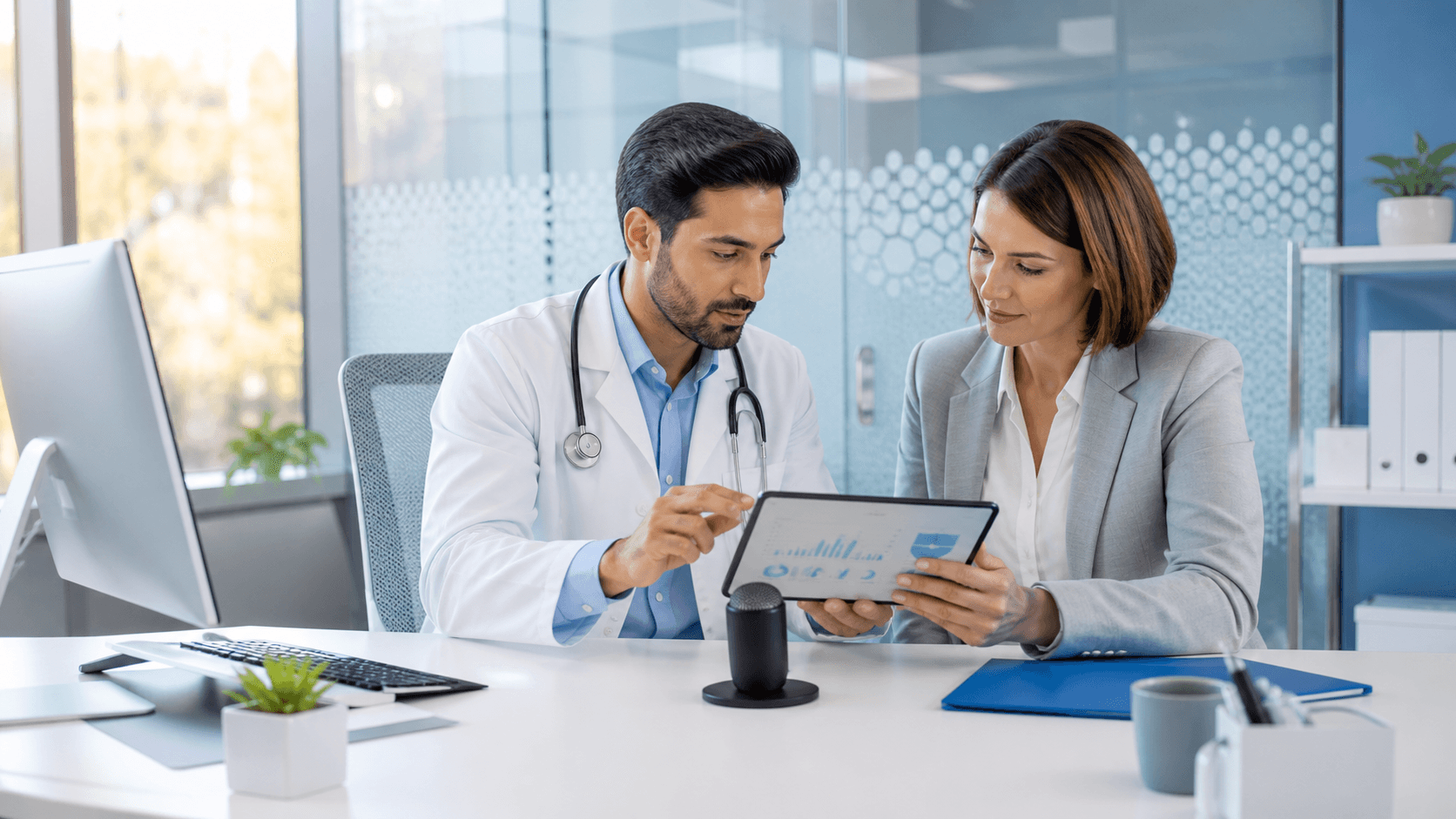 Clinician reviews digital charts on a laptop beside neatly stacked files in a bright, modern office.