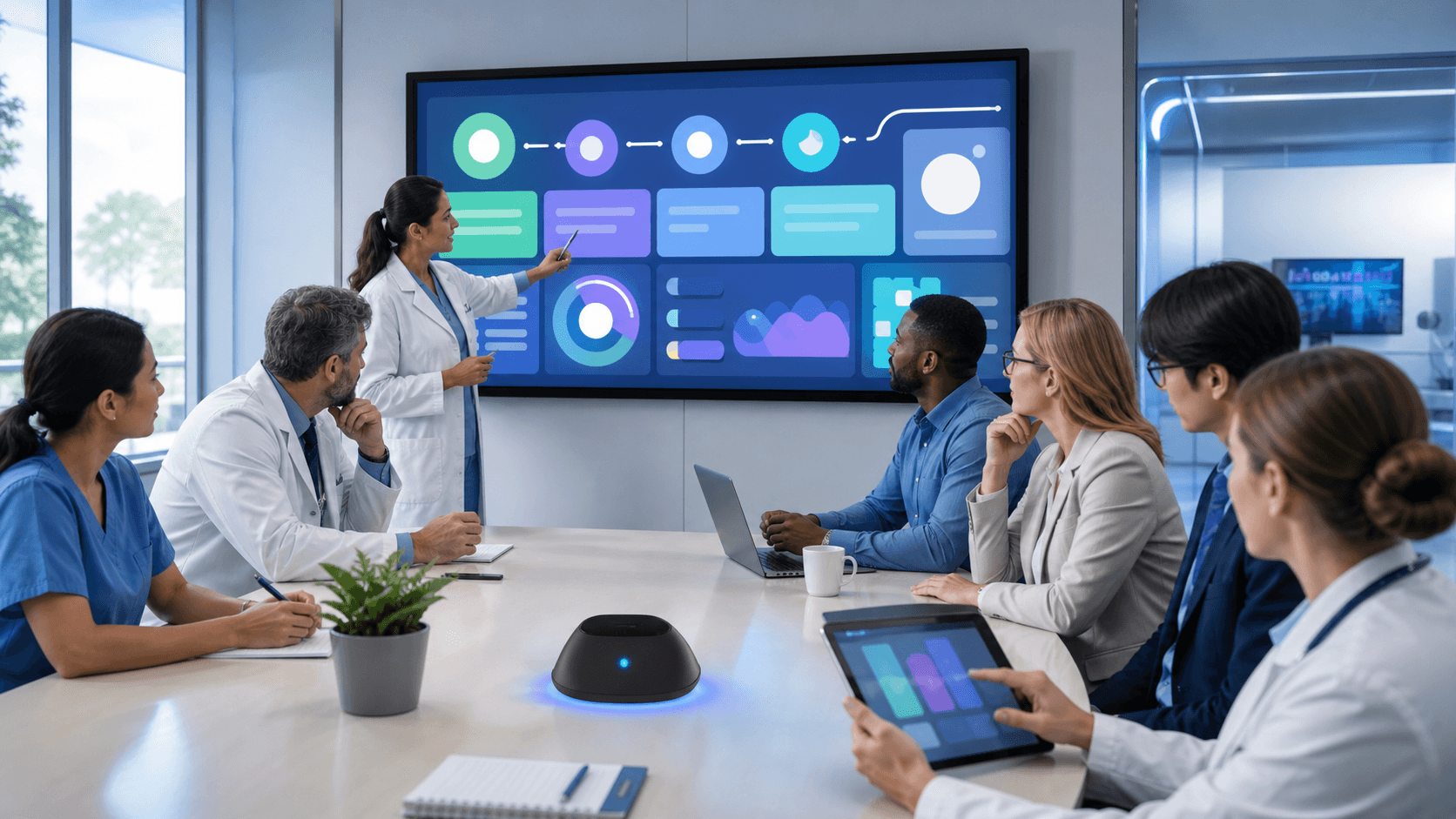 Blue-toned digital interface with a medical cross, document icons, and glowing network lines.