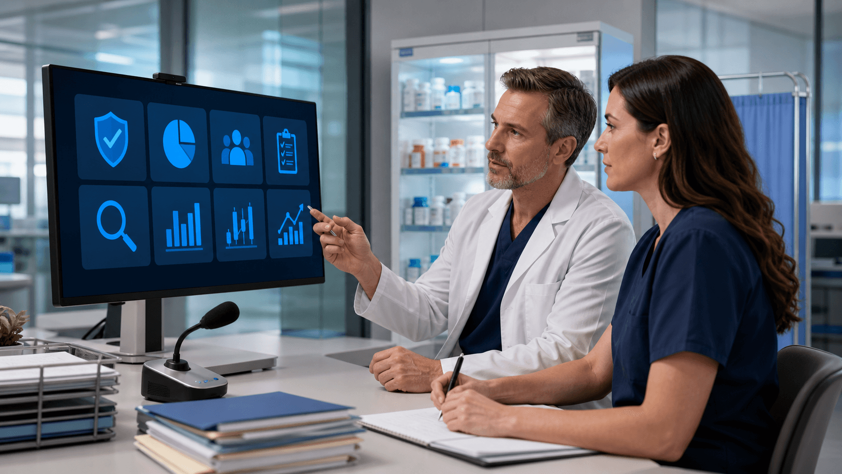 Blue-toned digital dashboard with connected medical notes, privacy lock icons, and medication bottles on a glowing grid.