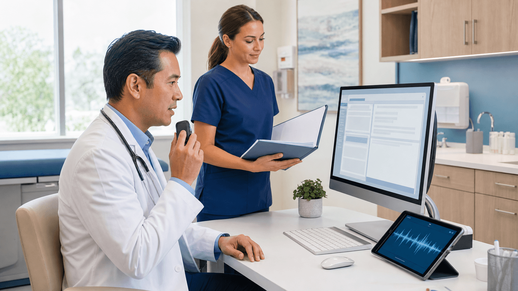 Doctor at a desk using a laptop with a glowing AI icon overlay, blue-toned clinic background and soft lighting