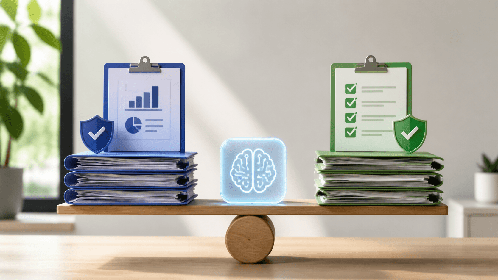 Blue-toned split screen with digital medical charts, compliance checkmarks, and AI data overlays.