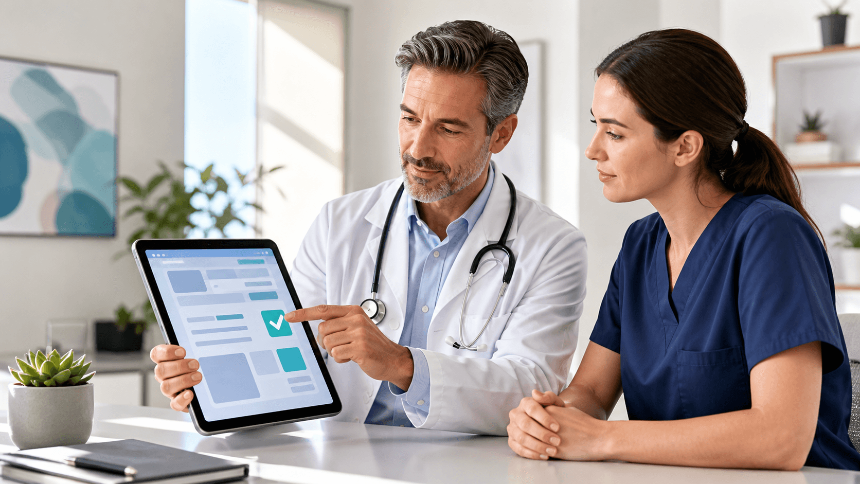 Clinician in a white coat reviewing digital notes on a tablet beside a desk lamp.
