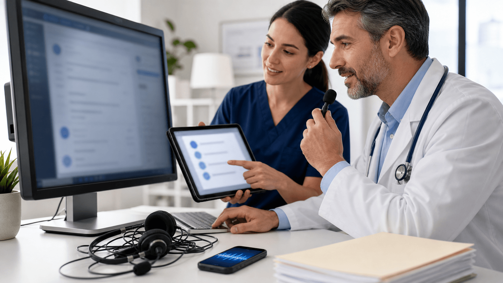 Doctor in white coat speaking into a headset beside a laptop with floating text bubbles on a blue background