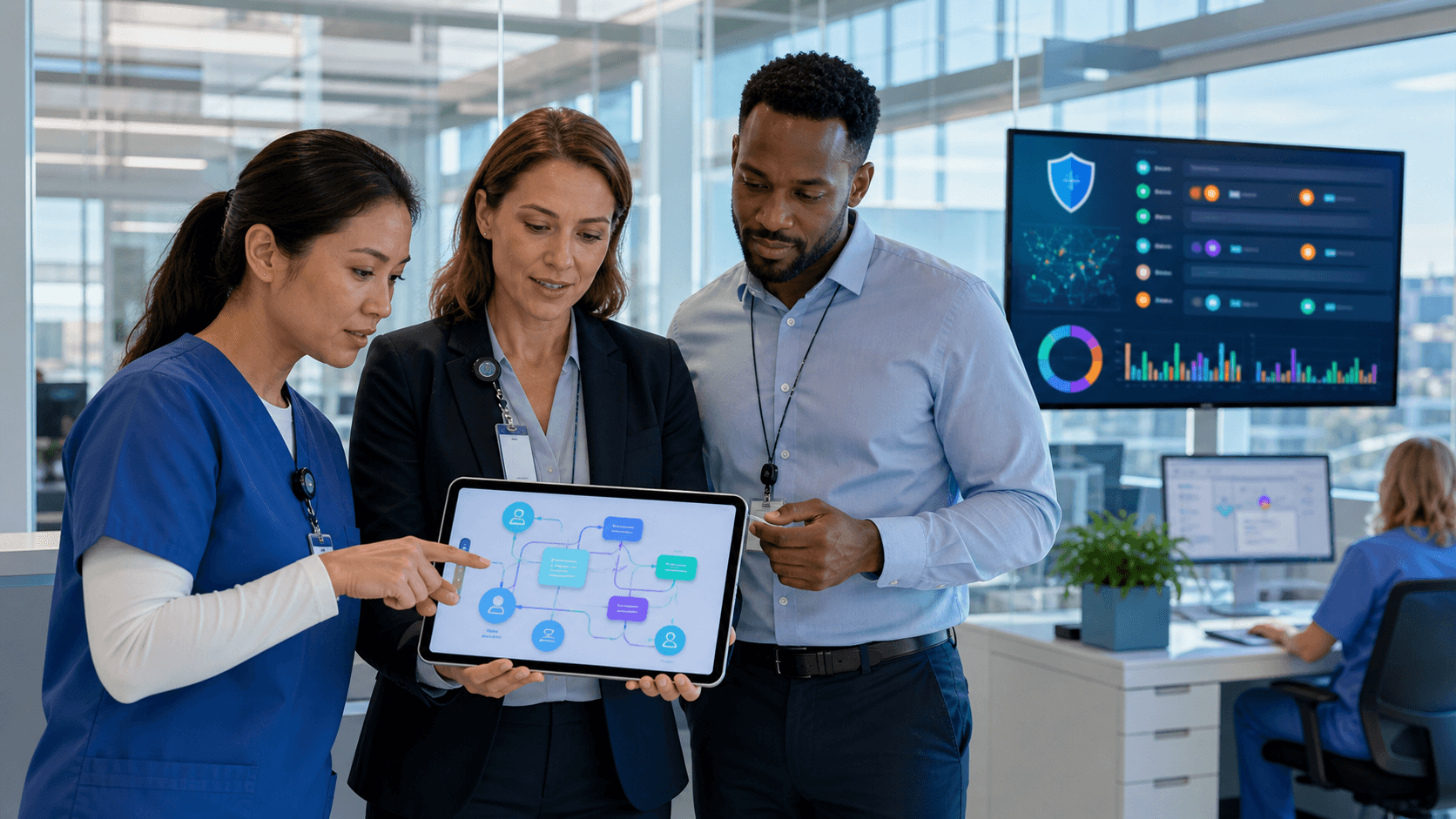 Glowing blue AI interface panels connect privacy locks, documents, and oversight charts on a dark background.