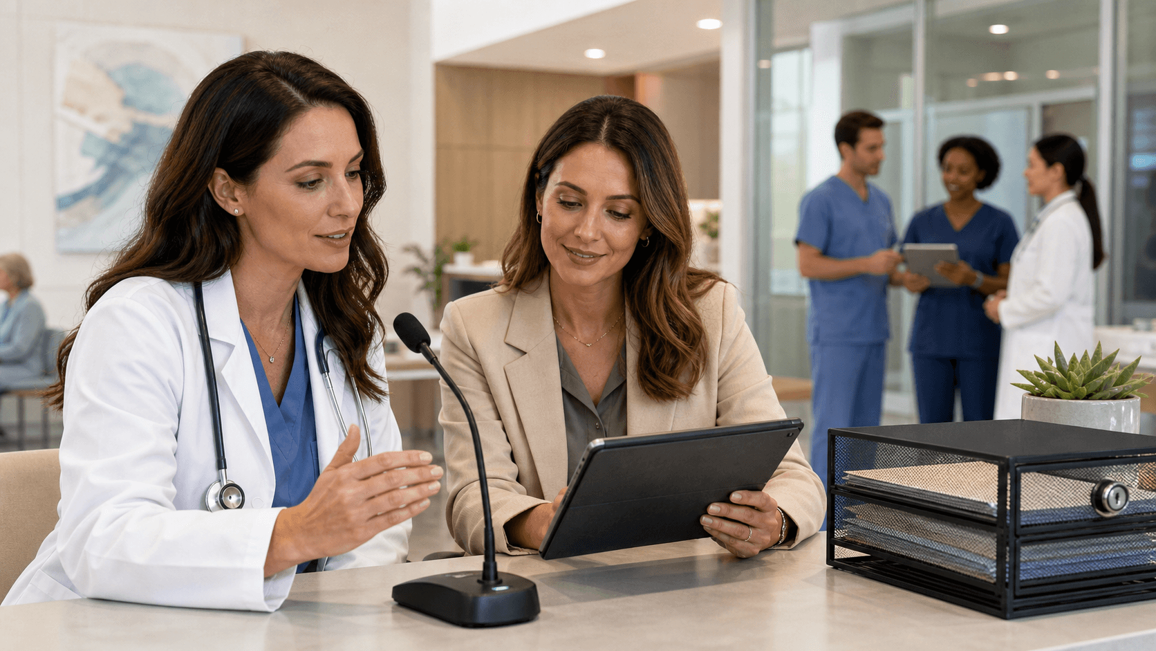 Blue-toned hospital dashboard with digital patient records, a privacy lock icon, and medicine vials on a desk