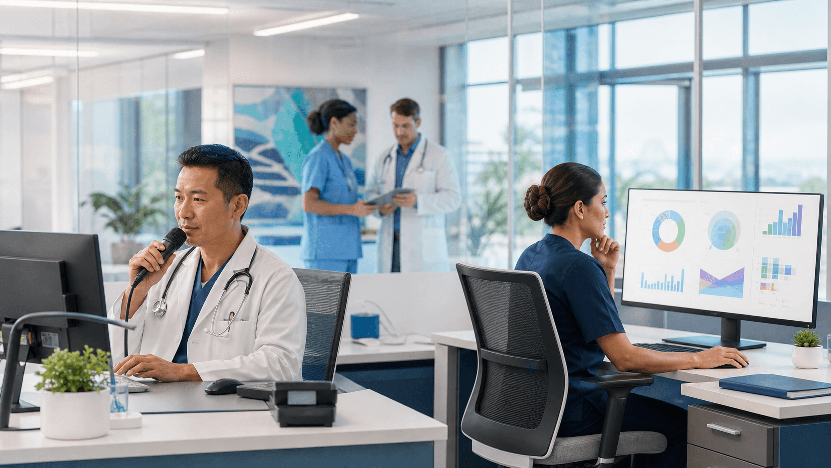 Blue-toned split screen showing a medical AI interface beside a compliance checklist with shield icons.