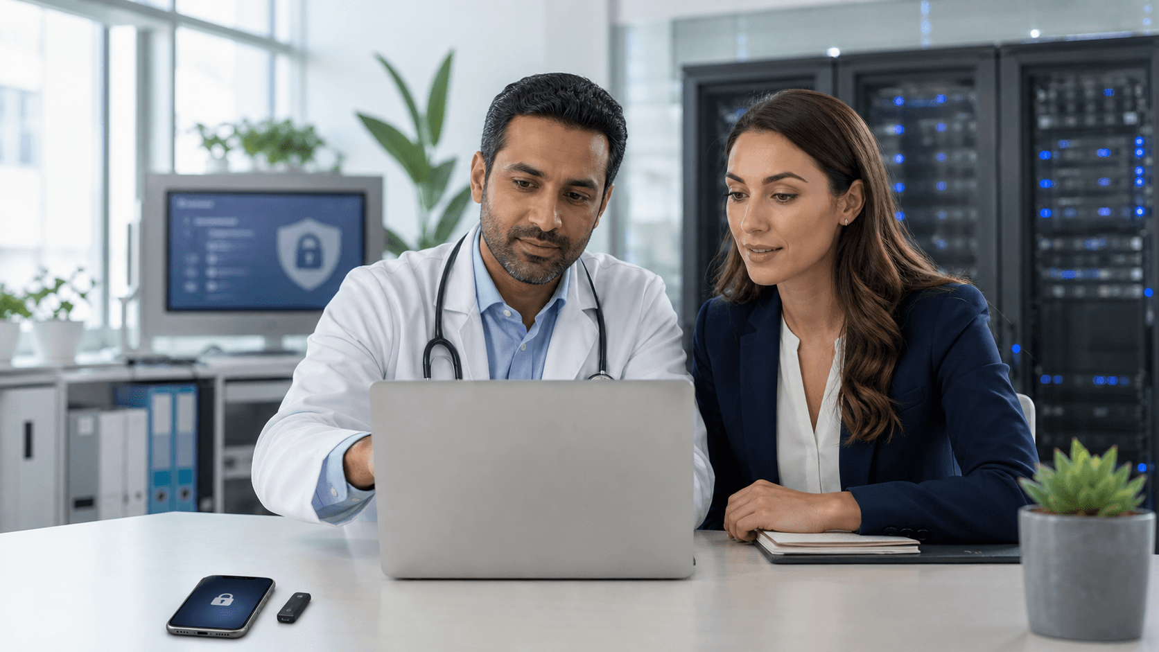 Doctor at desk with laptop and stethoscope, blue privacy shield icon hovering over medical chart in soft light