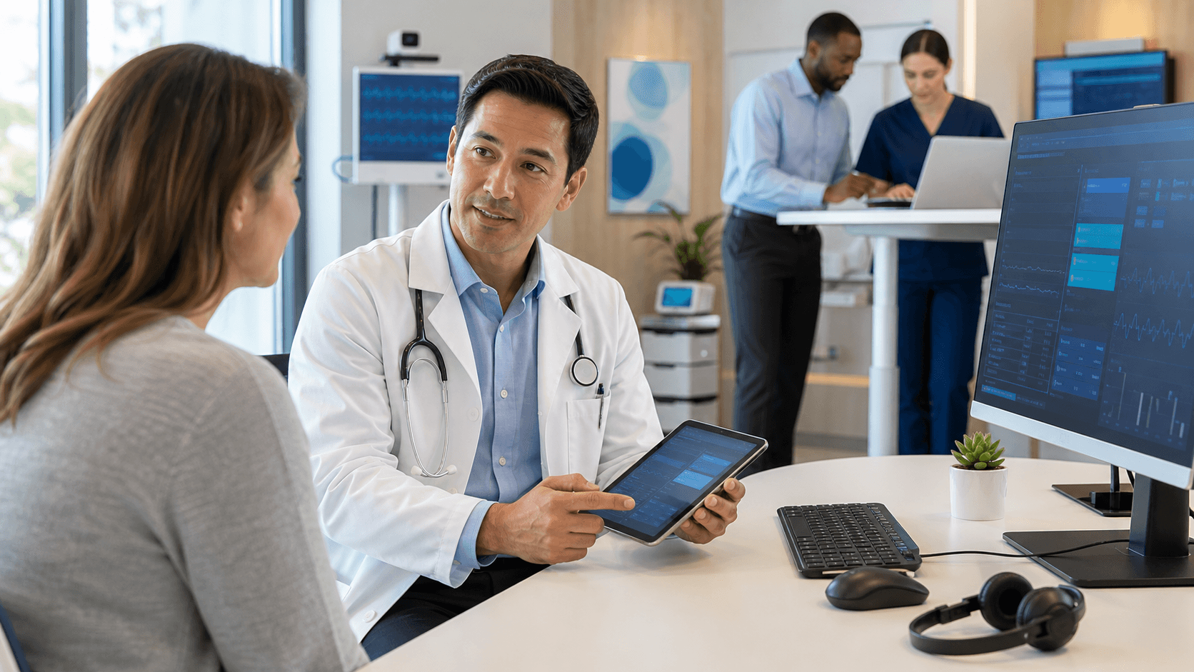 Doctor in white coat dictating into headset beside a glowing laptop with speech wave icons on a blue background.