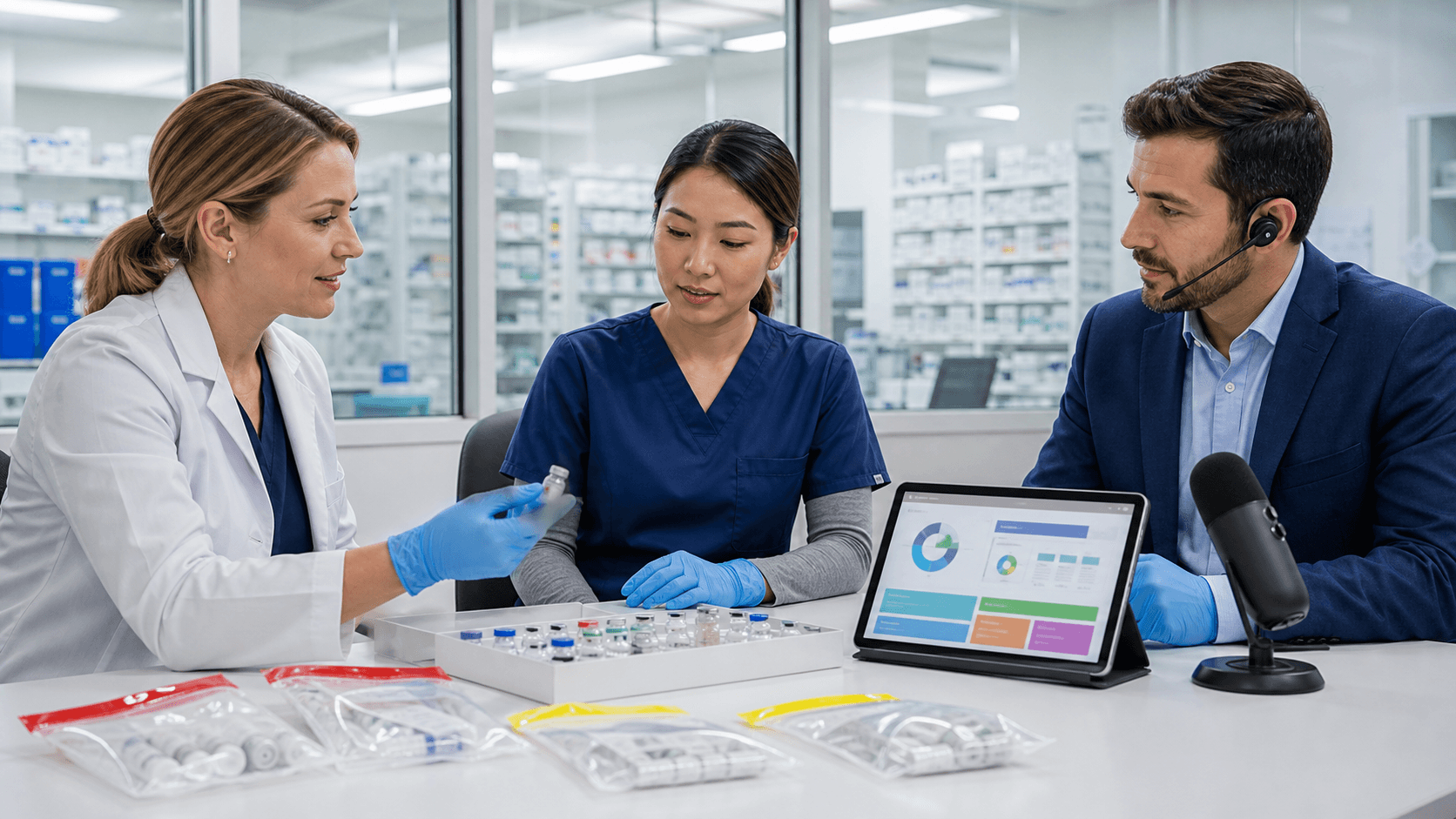 Pharmacist reviews medication records beside pill bottles under cool blue clinical lighting.