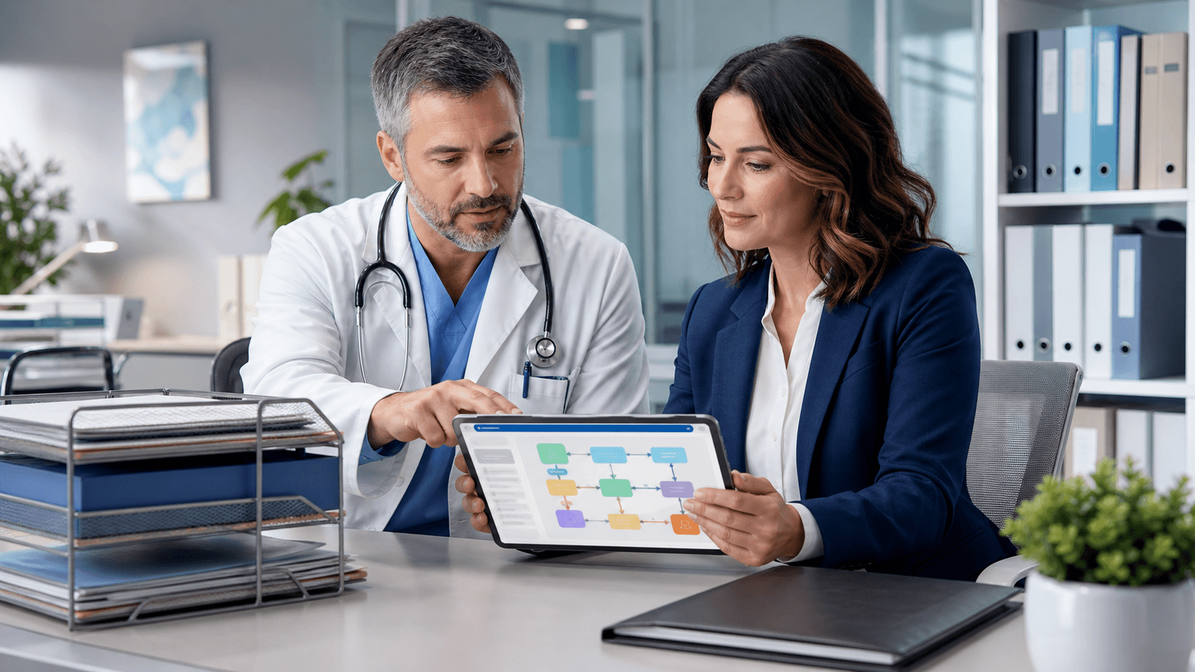 Blue-toned desk scene with a clipboard, lock icon, document files, and a magnifying glass under soft light.