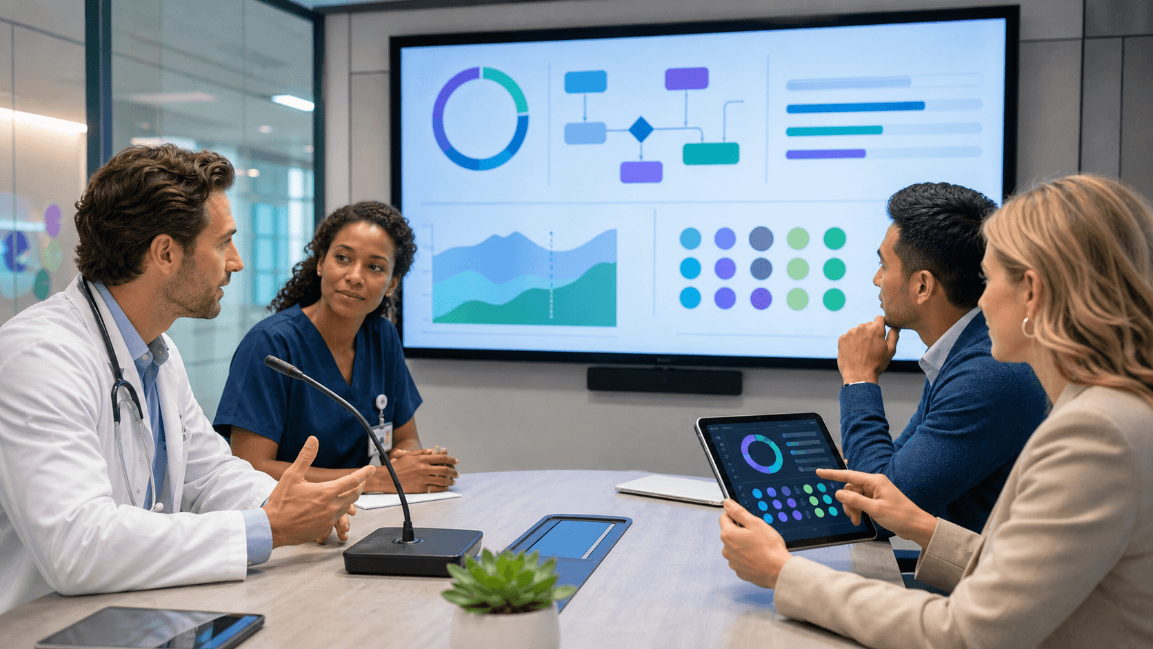 Blue digital workspace with a headset icon, workflow charts, and glowing data panels on a dark background.