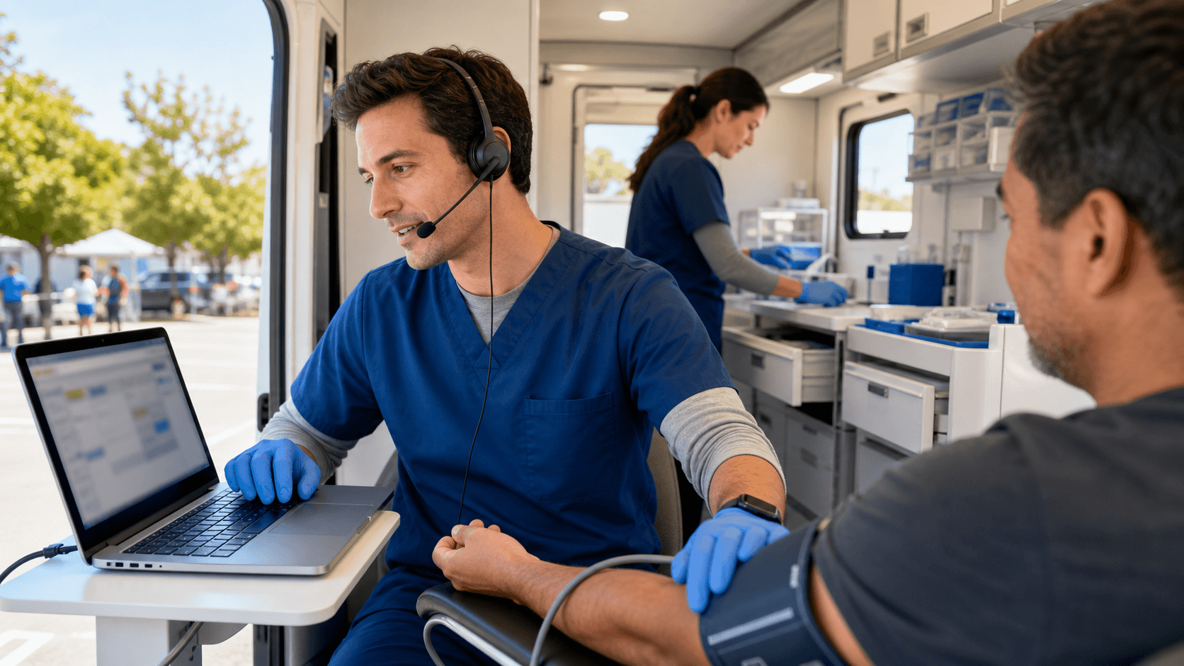 Doctor holding a tablet in a bright mobile clinic, with a stethoscope and laptop on a small desk