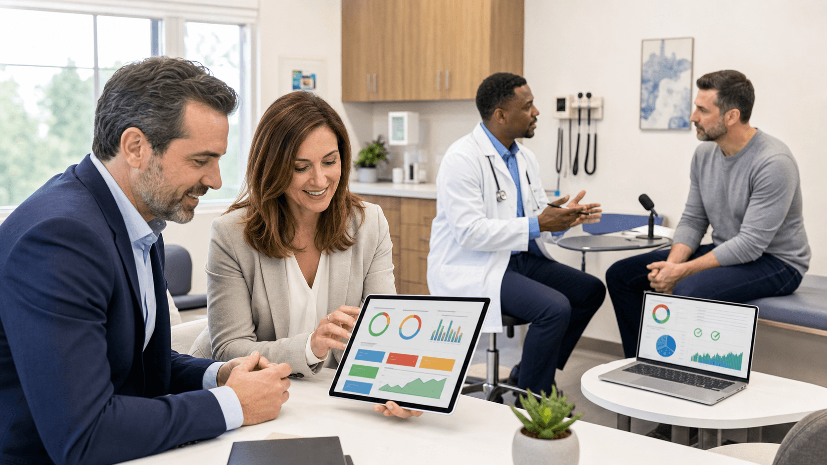 Doctor in a white coat reviews a digital patient chart on a tablet with AI-style blue interface graphics in the background