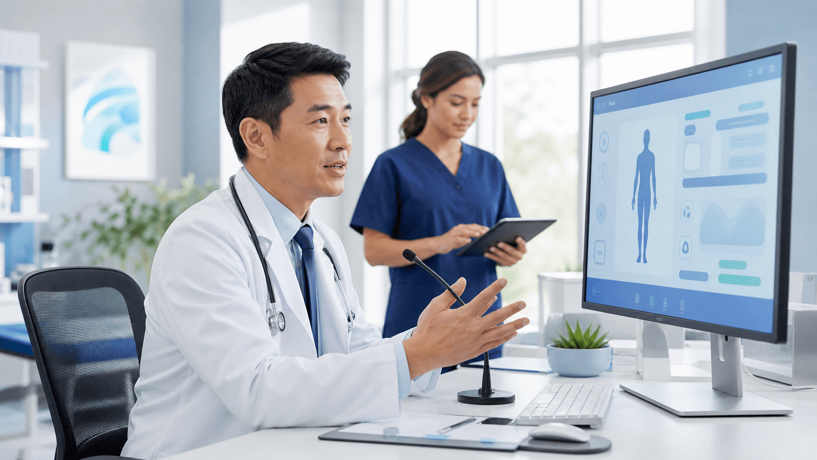 Doctor using a headset and laptop beside glowing blue medical interface icons in a modern clinic.