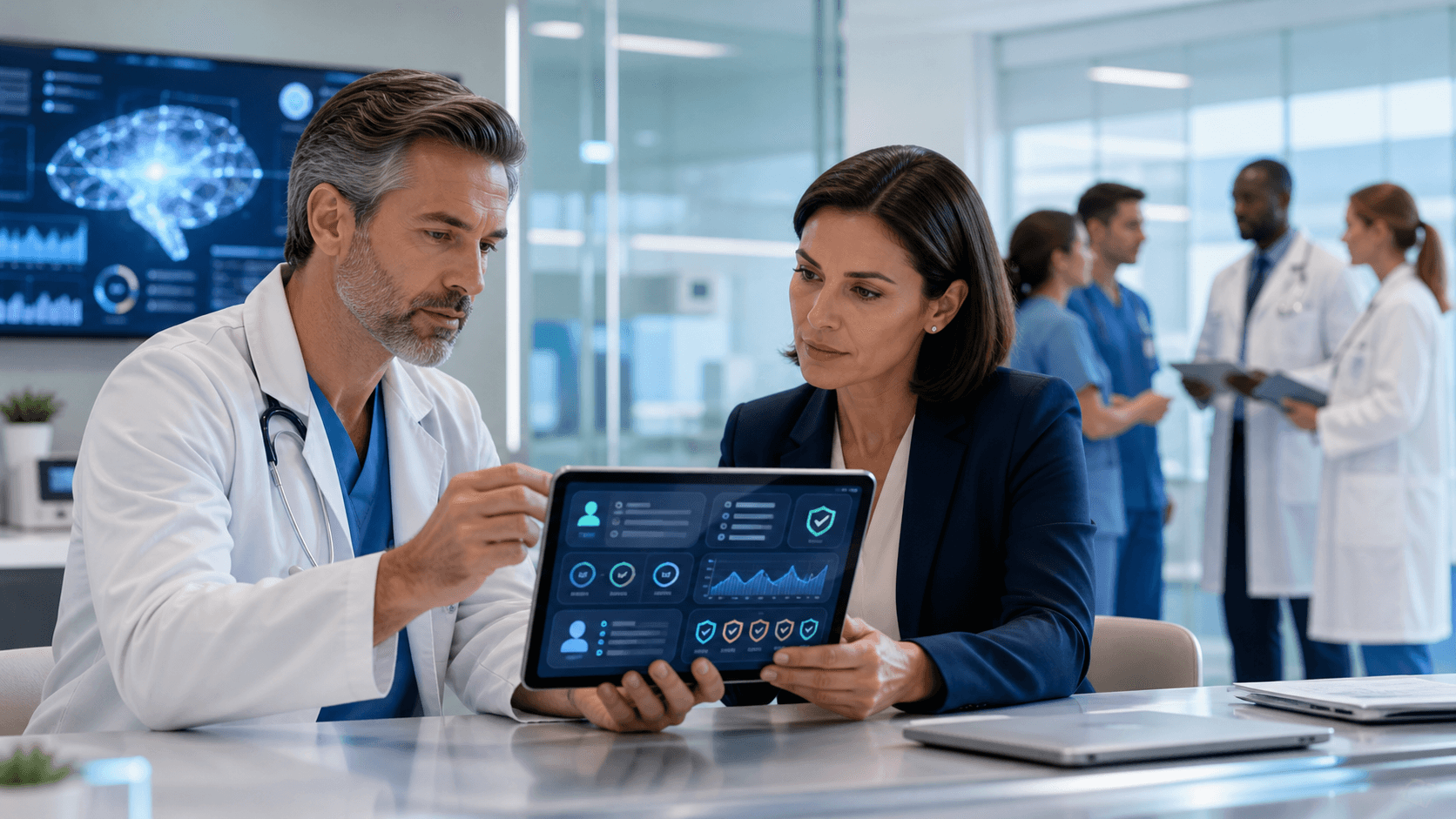 Glowing blue healthcare network interface with a central shield icon, patient silhouettes, and connected data lines.
