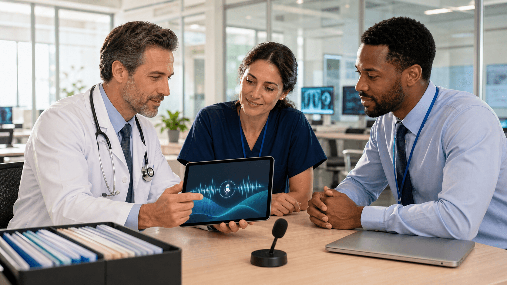 Doctor uses AI voice assistant on a laptop in a bright, modern clinic with blue digital interface overlays.