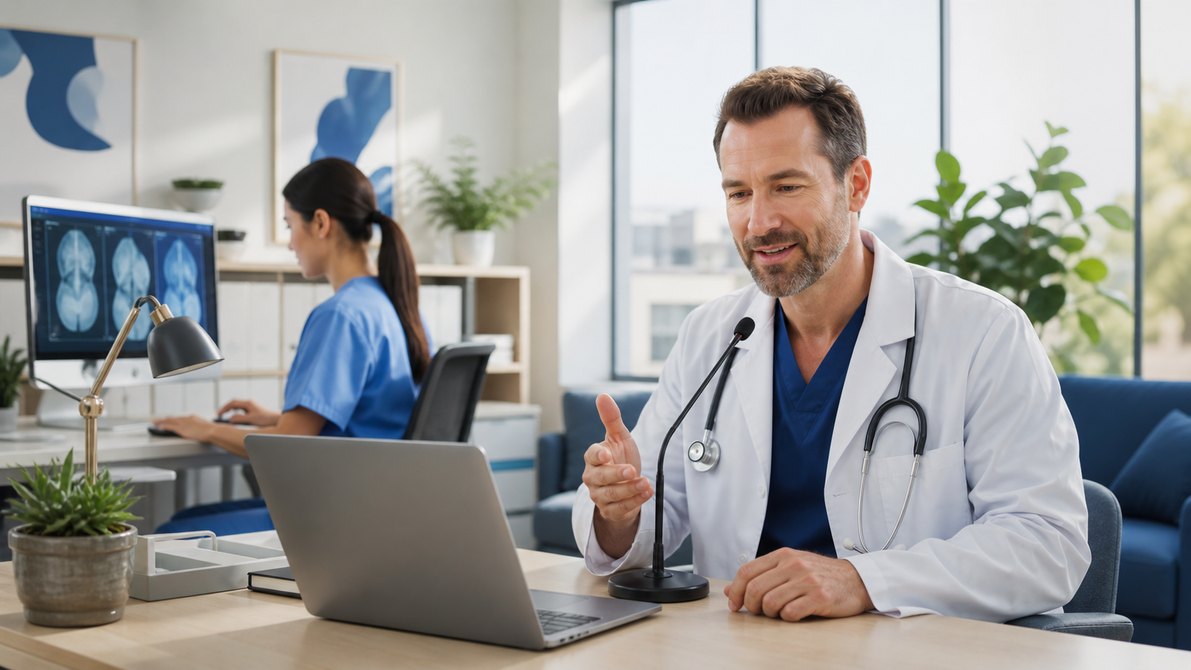 Clinician uses a laptop with a glowing blue voice waveform and digital medical notes on screen.