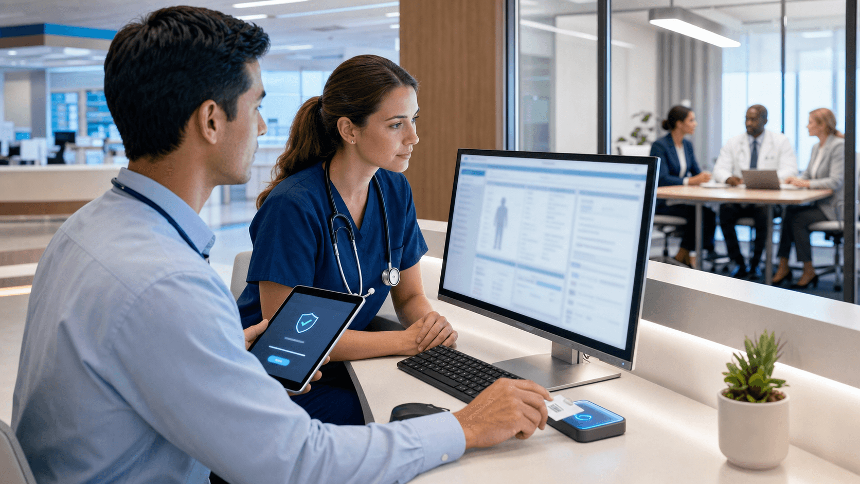Blue-toned illustration of a doctor at a computer with a medical dashboard and a padlock icon over the screen.