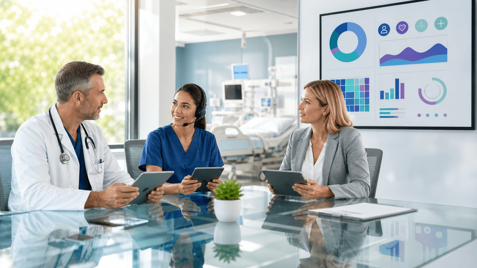 Healthcare professionals review digital dashboards around a glowing blue network graphic.