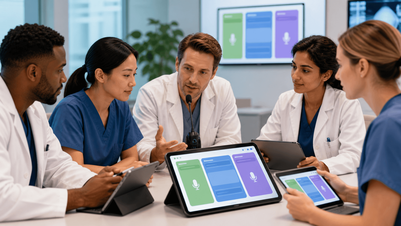 Clinicians in blue scrubs use headsets and laptops around a bright, modern hospital workstation.