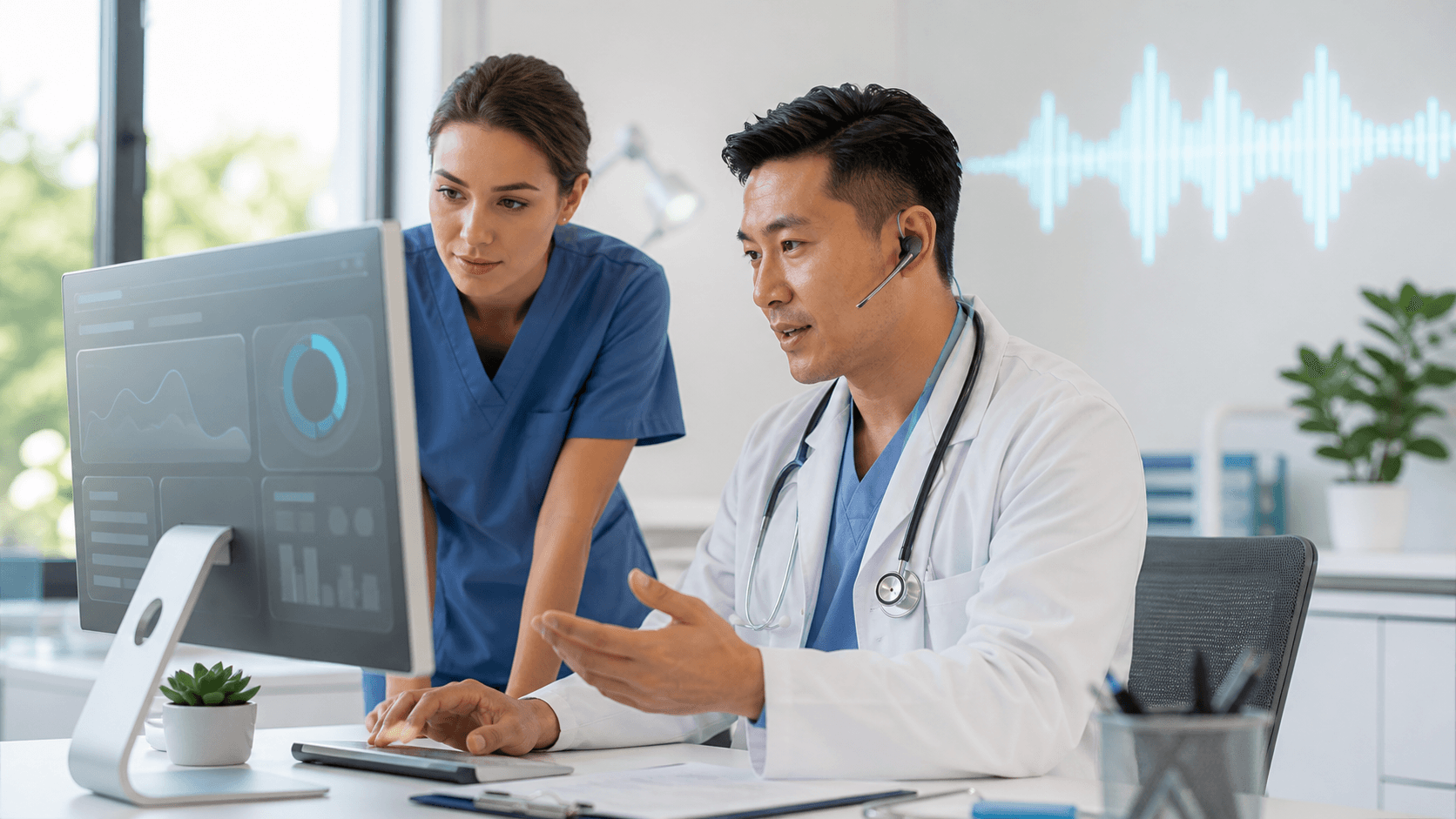 Doctor using a headset beside a glowing laptop displaying a digital medical record interface in blue tones.