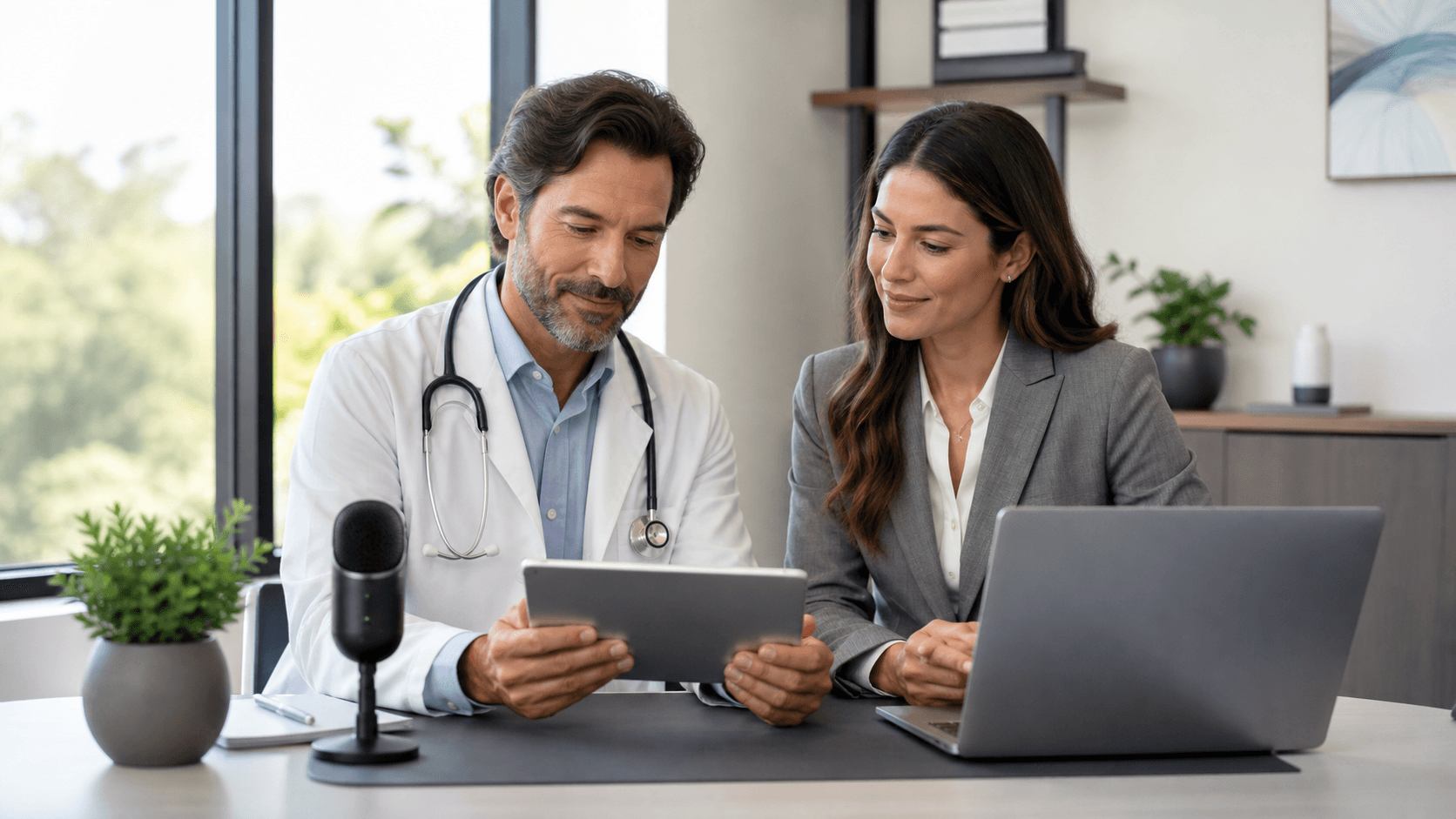 Doctor reviewing digital medical records on a blue-lit screen beside a clipboard and stethoscope.