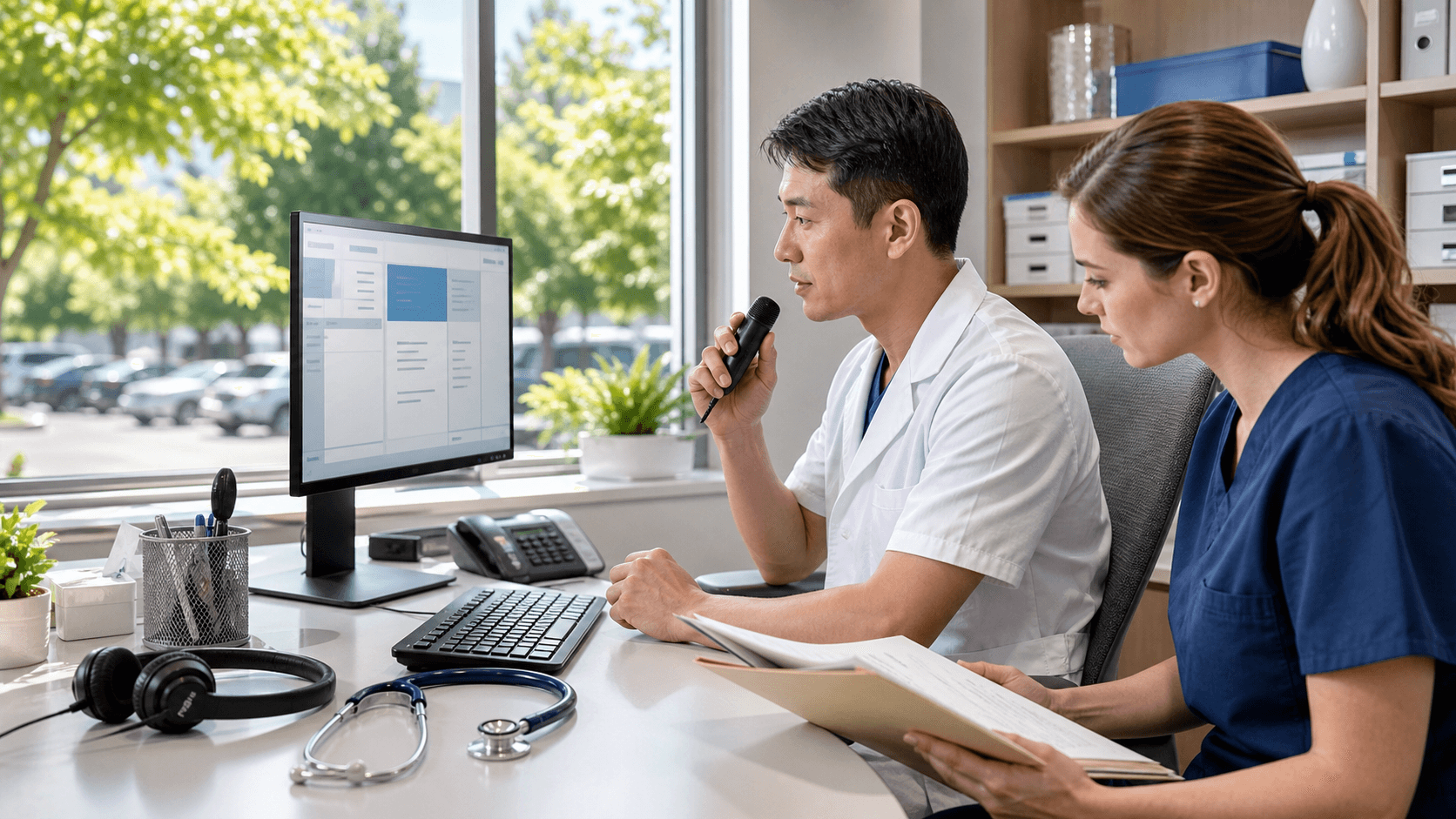 Doctor in light-blue scrubs using a PC with headset mic beside sunlit window and green plants on desk