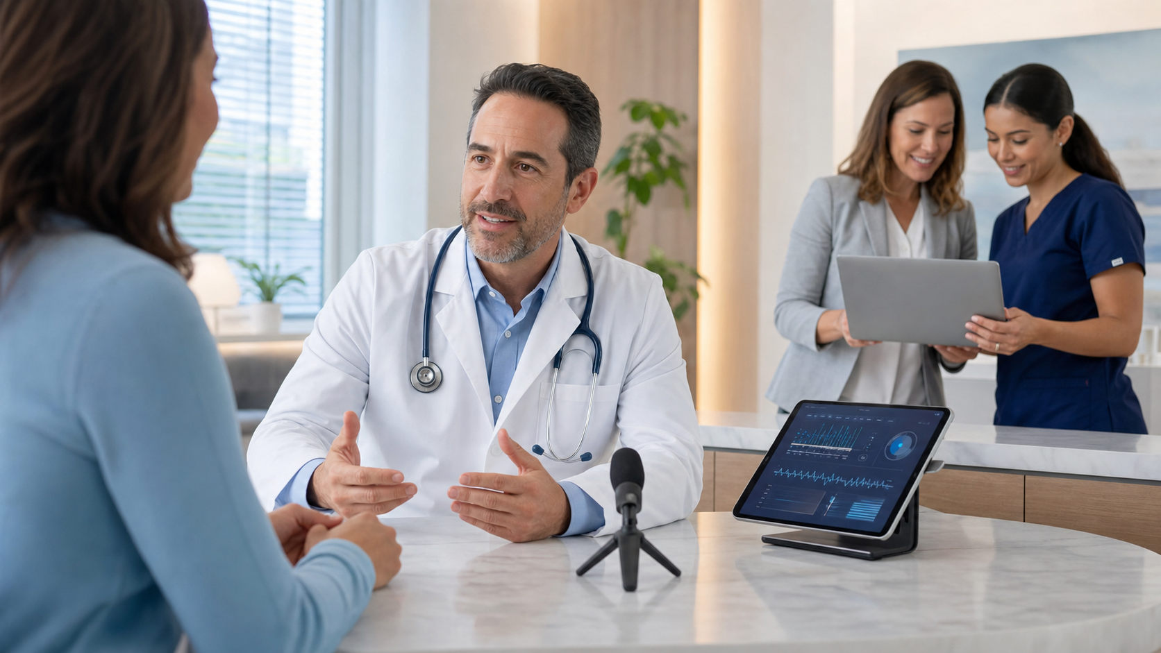 Doctor at a desk reviewing a digital patient chart on a laptop, blue medical icons floating on a dark background
