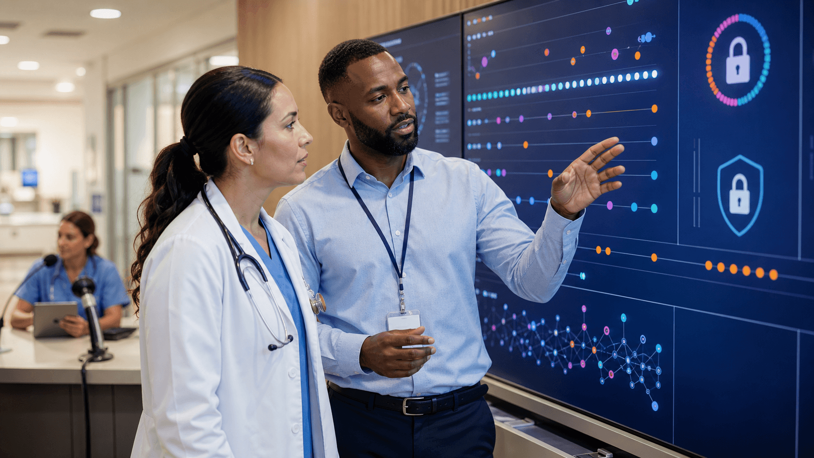 Blue-toned digital interface with glowing medical icons, data charts, and a shield symbol on a dark background.