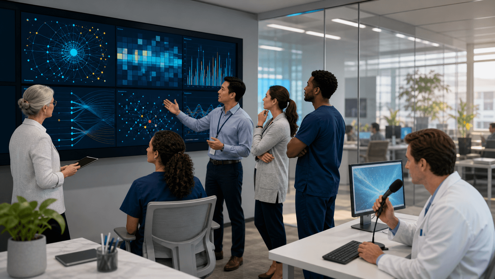 Blue-toned digital dashboard with glowing data streams, shield icon, and layered medical record panels.