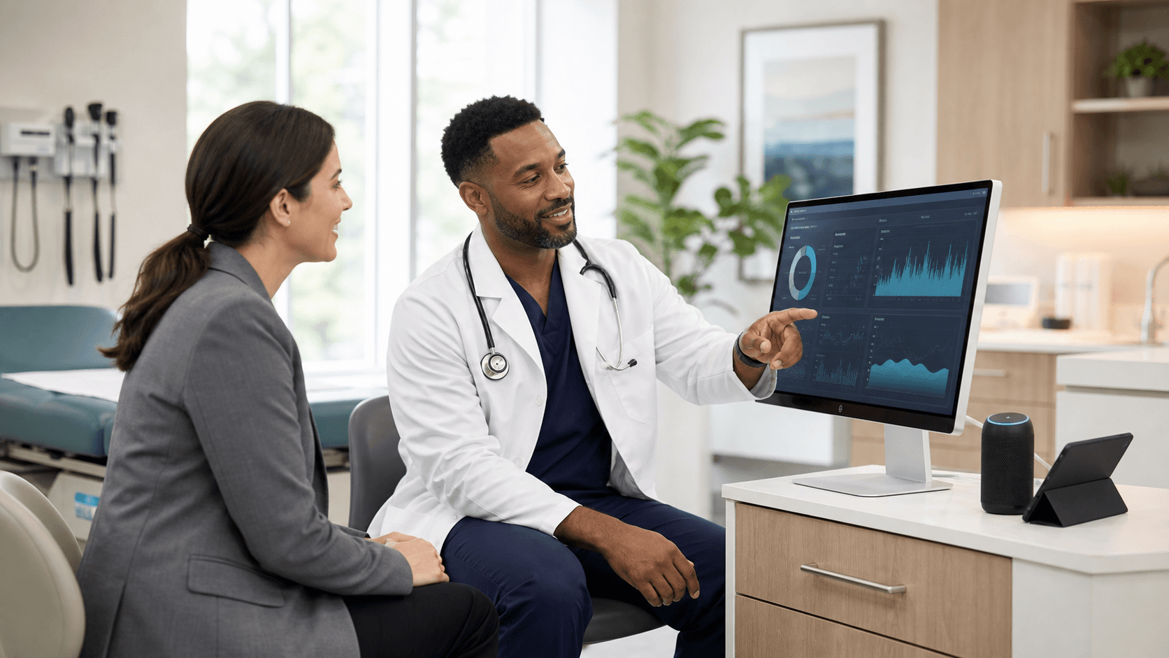 Doctor in a white coat reviews glowing blue analytics charts on a laptop in a dim clinical office.