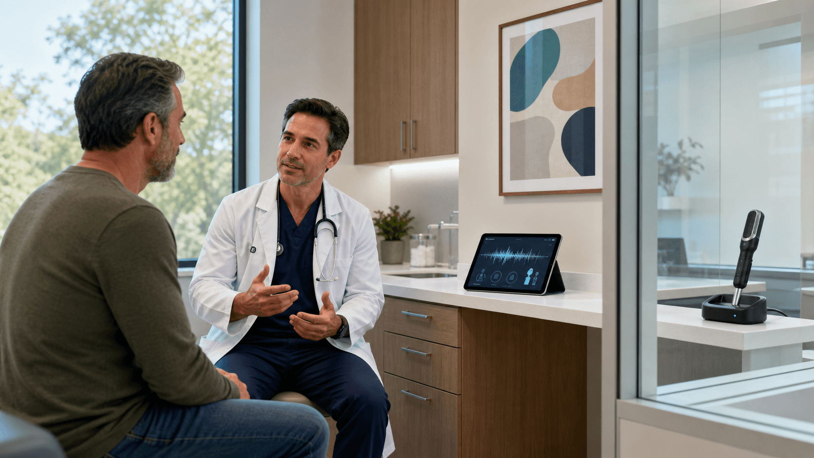 Doctor speaking beside a glowing AI waveform while a digital scribe records notes on a tablet.