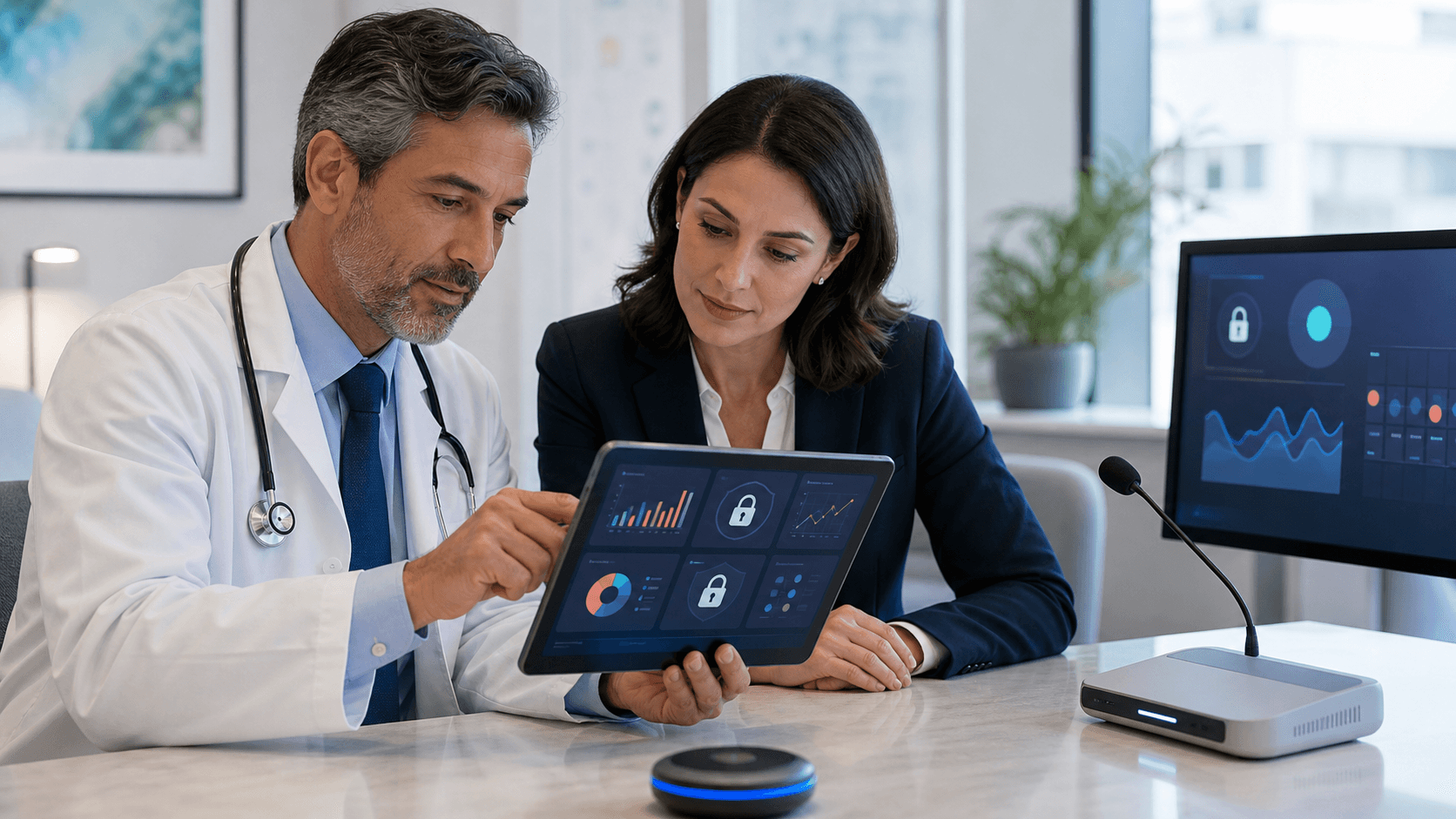 Glowing blue AI interface overlays a clinician reviewing digital charts in a modern hospital setting.