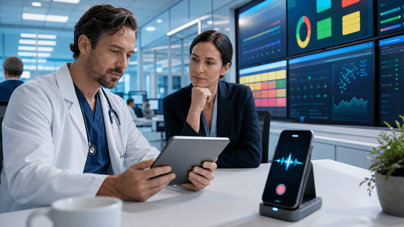 Blue-toned healthcare dashboard with patient monitoring graphs, automation icons, and glowing digital connections.