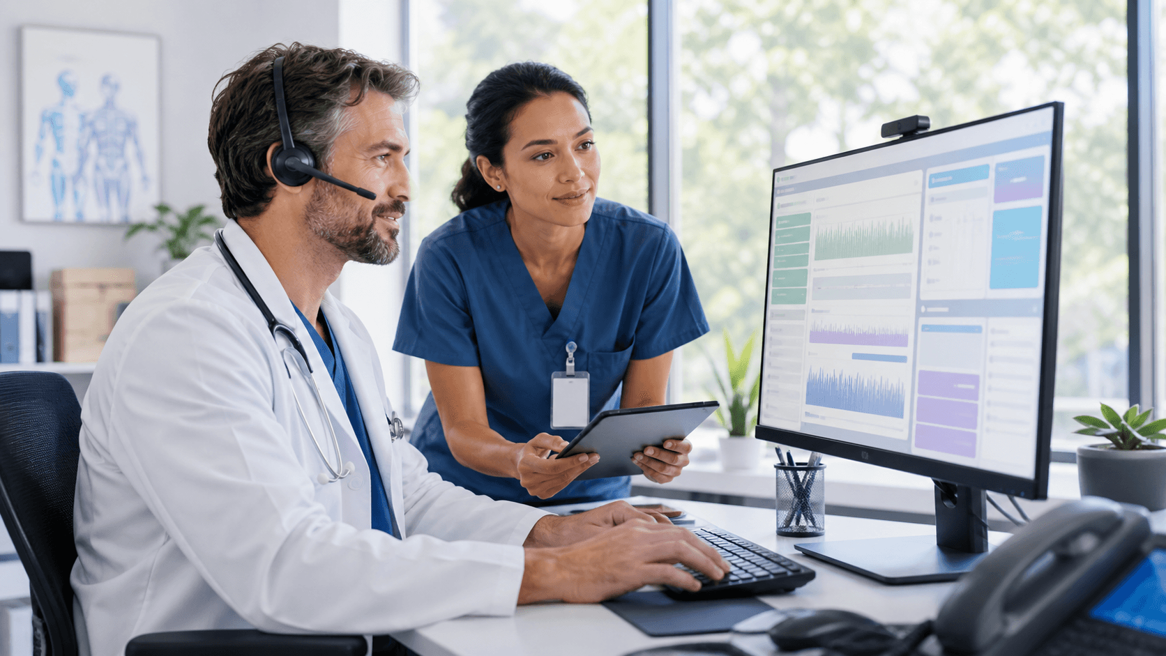 Doctor using speech recognition software on a desktop monitor in a bright, modern clinical office.
